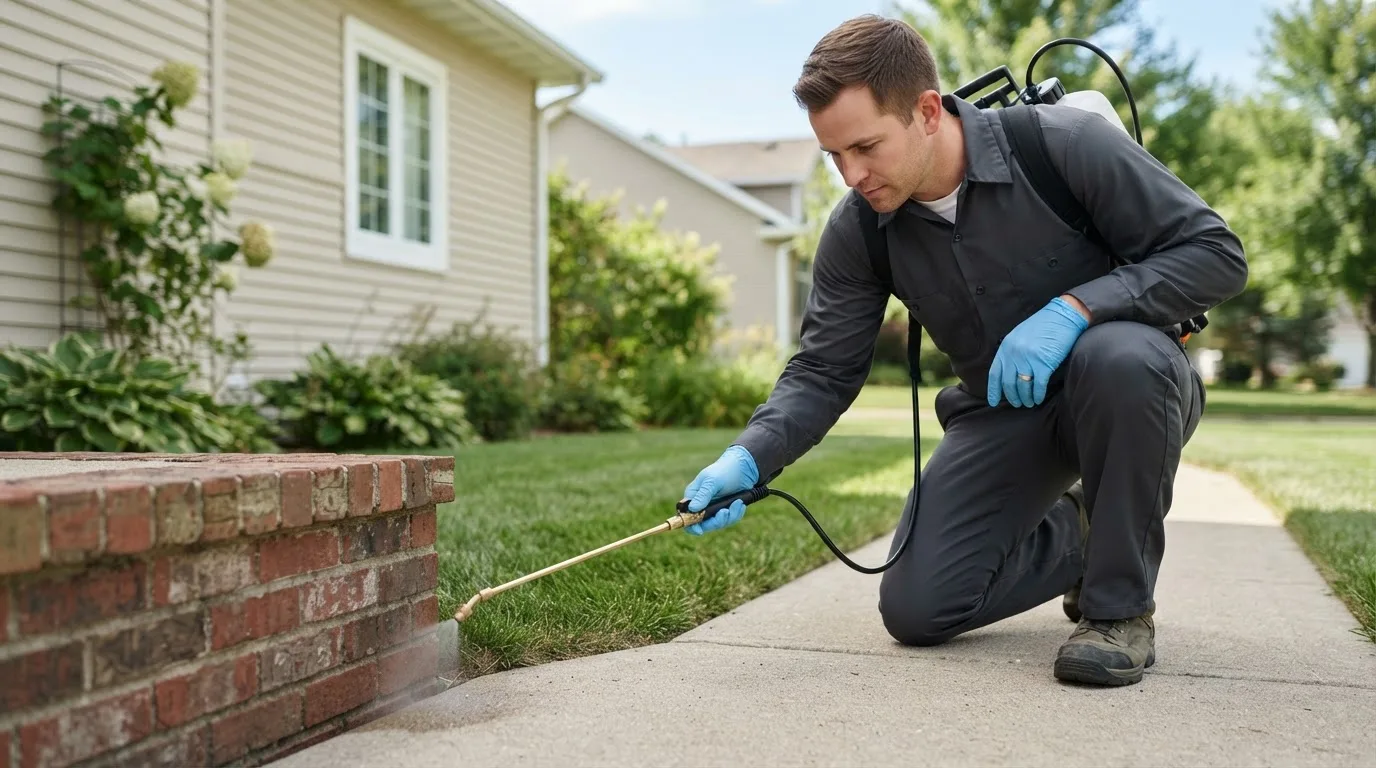 Pest control technician treating a home near Mertzon, TX