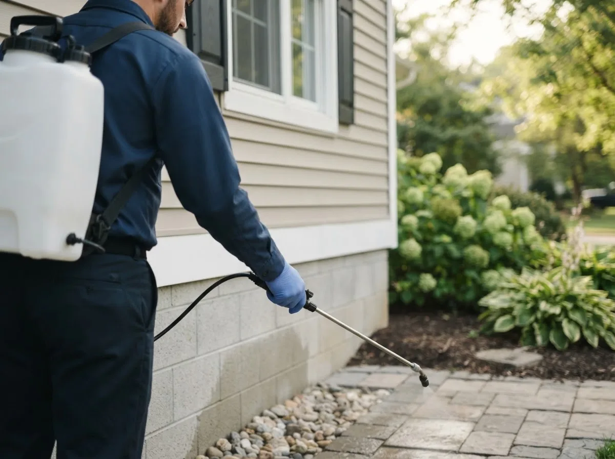 Pest control technician inspecting a home in Mertzon, TX